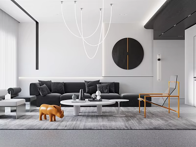 Modern Living Room With Black Sofa White Round Coffee Table Orange Figurine And Gray Rug 3d model