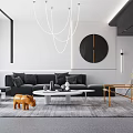 Modern Living Room With Black Sofa White Round Coffee Table Orange Figurine And Gray Rug