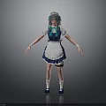Woman in Blue and White Maid Outfit with Green Hair and Apron