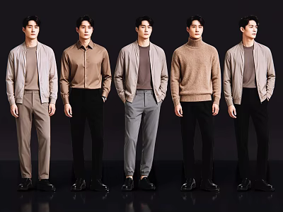 Group of Five Men in Various Stylish Casual Tops and Pants Against Black Background 3d model