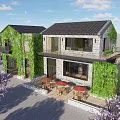 Greenery Covered Commercial Complex With Outdoor Seating And Modern Facade Design