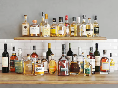 Various Wine Bottles And Glasses Arranged On Display Shelf With Different Labels And Colors 3d model