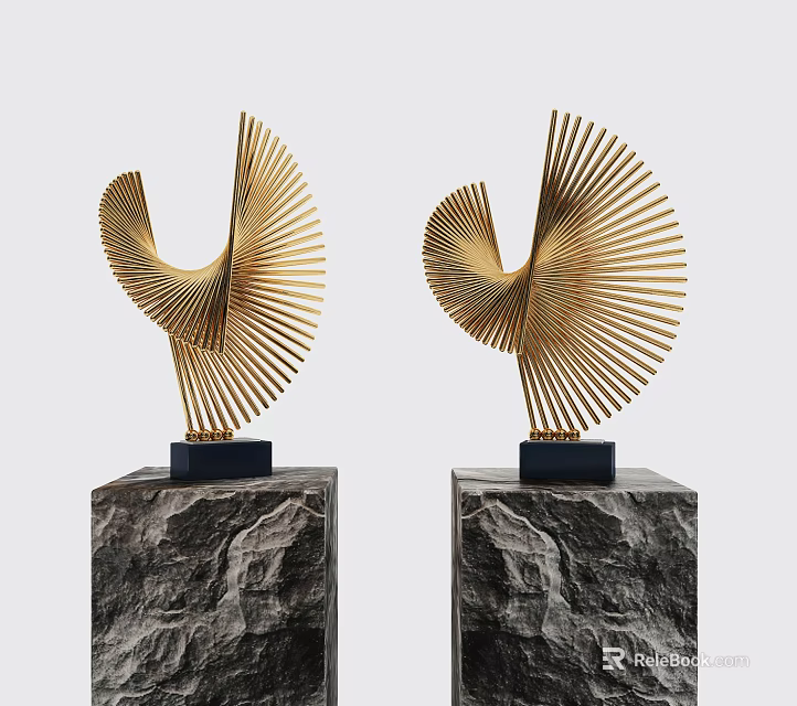 Golden Fan Shaped Decorative Ornament Set With Black Stone Pedestals For Home Decor 3d model 