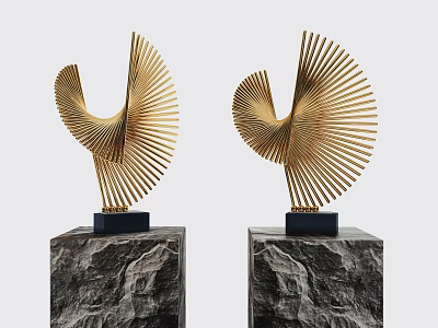 Golden Fan Shaped Decorative Ornament Set With Black Stone Pedestals For Home Decor 3d model