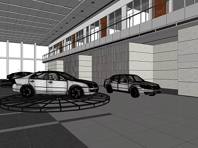 3D Model of Modern Car Showroom With Display Platform and Vehicles 3d model