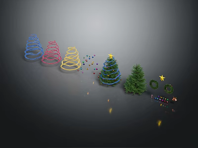 Colorful Christmas Trees and Green Pine Plants with Spiral Decorations Star Toppers and String Lights 3d model