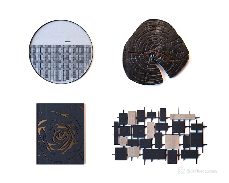 Modern Wall Decor Featuring Circular Grid Tree Ring Rose And Geometric Square Designs 3d model