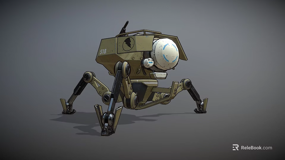 Futuristic Mechanical Game Movie Character With Four Legs Khaki Body Antenna And Spherical Head 3d model 