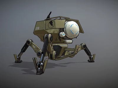Futuristic Mechanical Game Movie Character With Four Legs Khaki Body Antenna And Spherical Head 3d model
