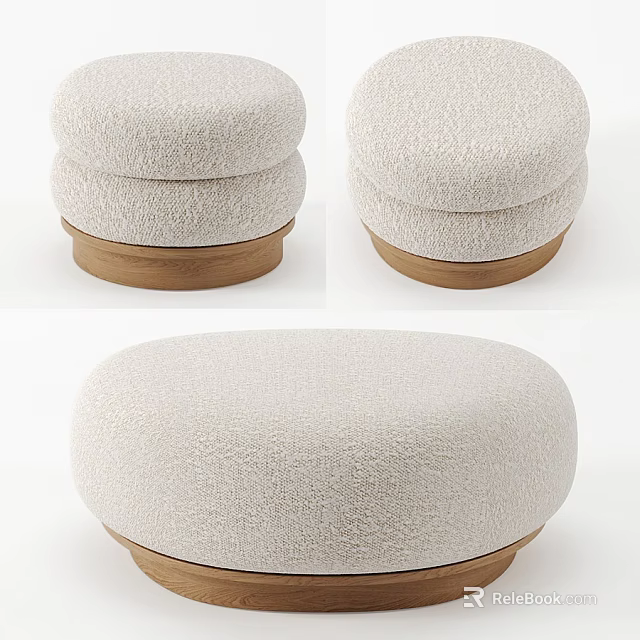 Soft Textured Fabric Ottoman With Wooden Base And Round Shape 3d model 