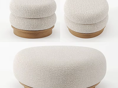 Soft Textured Fabric Ottoman With Wooden Base And Round Shape 3d model