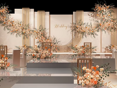 Elegant Wedding Floral Installation With Warm Flowers Golden Decor And Stage Setup 3d model