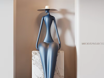 Abstract Blue Modern Sculpture With White Hat Seated On Marble Base 3d model