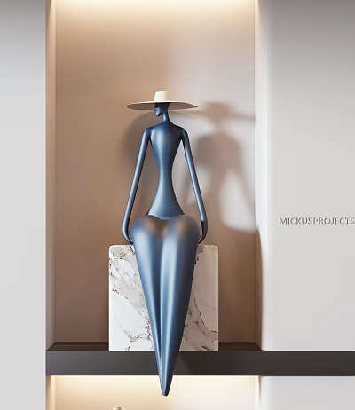 Abstract Blue Modern Sculpture With White Hat Seated On Marble Base 3d model