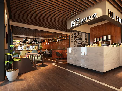 Coffee Expert Restaurant Interior With Wooden Ceiling Marble Counter Pendant Lights And Plants 3d model