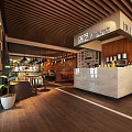 Coffee Expert Restaurant Interior With Wooden Ceiling Marble Counter Pendant Lights And Plants