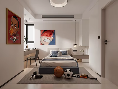 Kids Room Interior With Bed Pillows Carpet Basketball Soccer Ball Toys And Wall Art 3d model