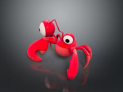 Cartoon Red Crab With Big Eyes Red Claws And Legs On Dark Background With Reflection 3d model