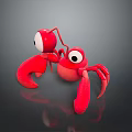 Cartoon Red Crab With Big Eyes Red Claws And Legs On Dark Background With Reflection