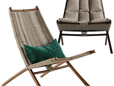 Modern Comfortable Leisure Chairs With Wooden Frame And Green Striped Cushion Design 3d model