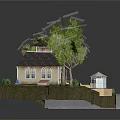 Cartoon Scene Featuring Charming House with Dark Roof Chimney Surrounded by Green Trees and Lawn