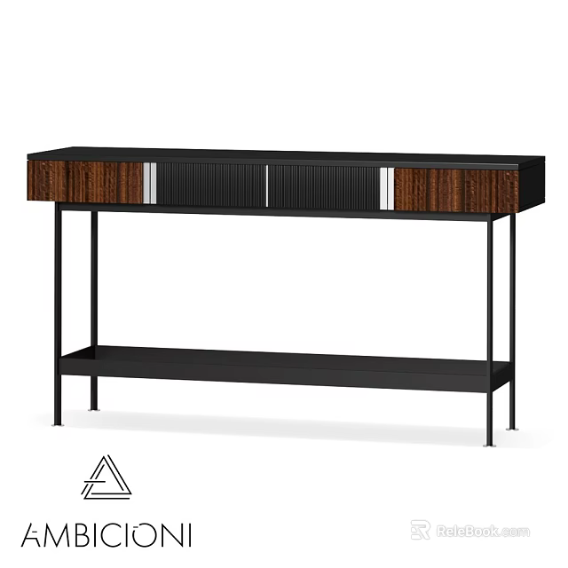 Modern Dining Table With Black Metal Legs Wood Grain Drawers And Slatted Design 3d model 