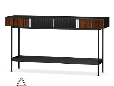 Modern Dining Table With Black Metal Legs Wood Grain Drawers And Slatted Design 3d model