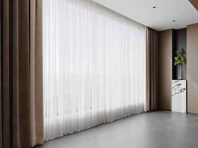 Elegant Modern Interior With White Sheer Curtains And Brown Thick Drapes 3d model