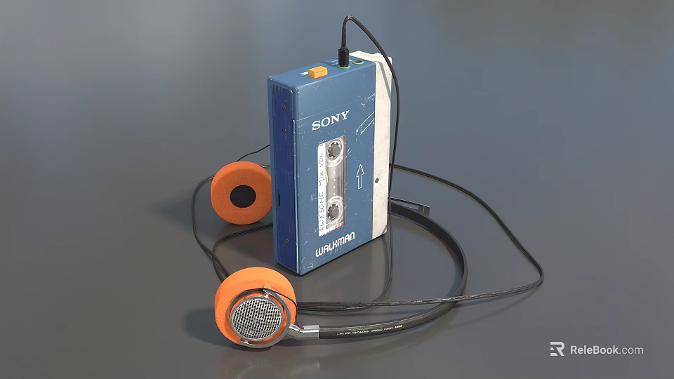 Sony Blue Walkman With Orange Headphones And Audio Cassette Retro Entertainment Device 3d model 