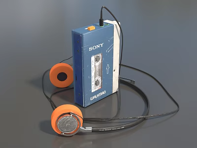 Sony Blue Walkman With Orange Headphones And Audio Cassette Retro Entertainment Device 3d model