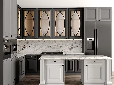 Modern Kitchen With Dark And White Cabinets Glass Doors Marble Countertops And Island 3d model