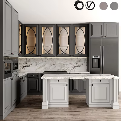 Modern Kitchen With Dark And White Cabinets Glass Doors Marble Countertops And Island 3d model