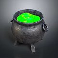 Black Iron Cauldron With Green Liquid And Ring Handles On Tripod Stand