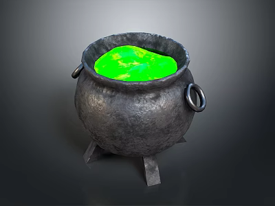Black Iron Cauldron With Green Liquid And Ring Handles On Tripod Stand 3d model
