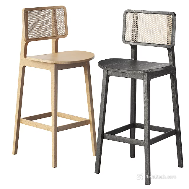 Modern Bar Stools With Light Wood And Dark Black Design Woven Rattan Backrest 3d model 