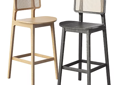 Modern Bar Stools With Light Wood And Dark Black Design Woven Rattan Backrest 3d model