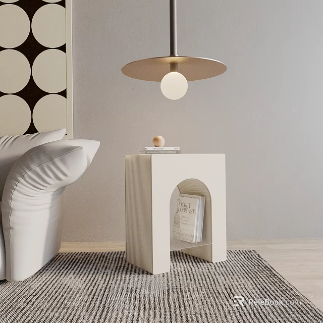 Minimalist White Side Table With Arched Cutout Next To White Sofa And Lamp On Rug 3d model 