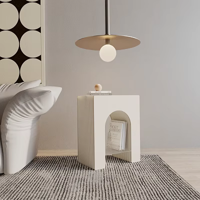 Minimalist White Side Table With Arched Cutout Next To White Sofa And Lamp On Rug 3d model