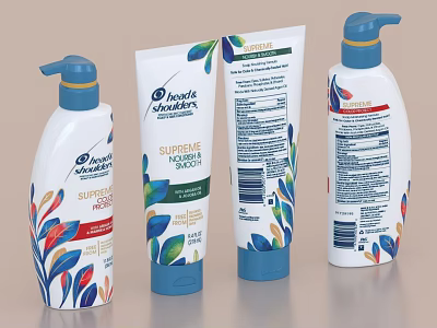 Heads and Shoulders Shampoo Bottles and Conditioner Tube with Colorful Leaf Patterns White Blue Design 3d model