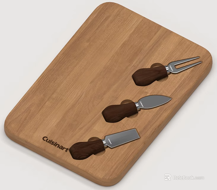 Wooden Cutting Board With Cuisinart Kitchen Utensils Including Fork Knife And Spatula 3d model 