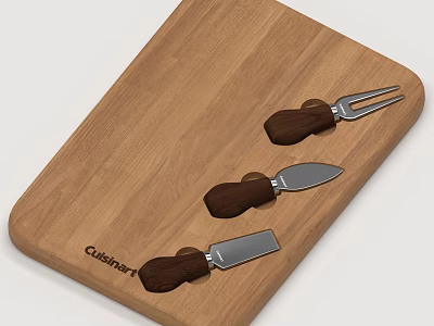 Wooden Cutting Board With Cuisinart Kitchen Utensils Including Fork Knife And Spatula 3d model