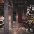 Industrial Style Cafe Interior With Stone Wall Wooden Decor Green Plants And Hanging Chandeliers