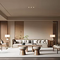 Elegant Modern Living Room Interior With Neutral Sofa Wooden Tables Floor Lamps And Area Rug