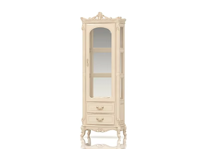 Classic White Wine Cabinet with Carved Details Glass Doors and Drawers 3d model