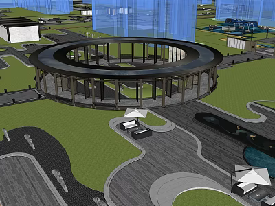 Residential Landscape Design With Circular Structure Green Lawn Pathways And Pedestrian Areas 3d model