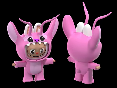 Pink Animal Costume Doll With Big Ears Smiling Face Front And Back Views 3d model