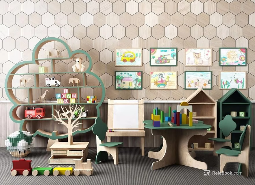 Kids Desk With Tree Shaped Bookshelf Small Chairs Toys And Wall Art 3d model 