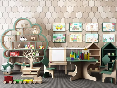 Kids Desk With Tree Shaped Bookshelf Small Chairs Toys And Wall Art 3d model