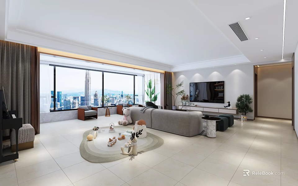 Modern Living and Dining Room with Large Windows City View Sofa TV and Plants 3d model 