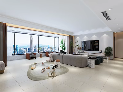 Modern Living and Dining Room with Large Windows City View Sofa TV and Plants 3d model